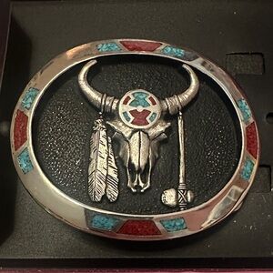 Vintage Southwestern Longhorn Belt Buckle – Silver Tone G&S